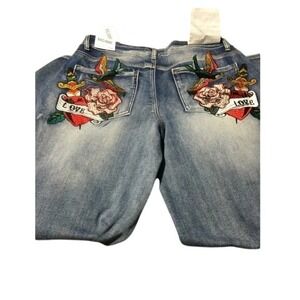 Disclosure‎ Wide Leg Embroidered Tattoo women Jeans Light Wash Rose  Love 7/28
